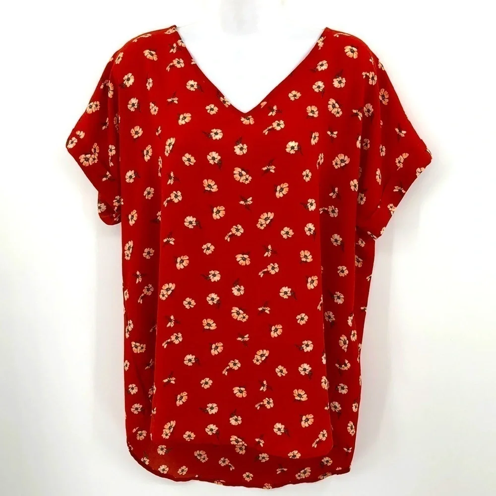Pink Rose Semi Sheer Short Sleeved Floral Print V-Neck Blouse Size XL